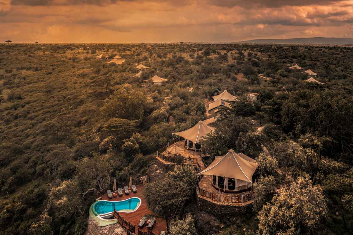 Ol Seki Mara Camp aerial pool, lodge and safari tents