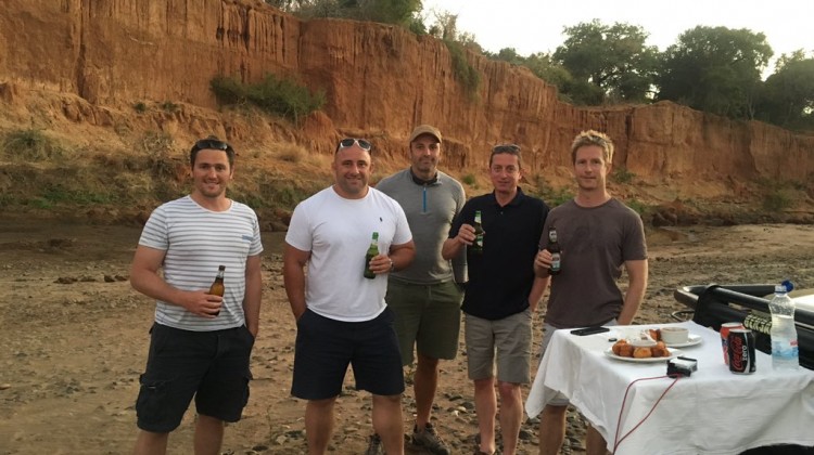 David Flatman with chums enjoying a beer on a Press Trip Sunday Mail Royal Zambezi Lodge Zambia