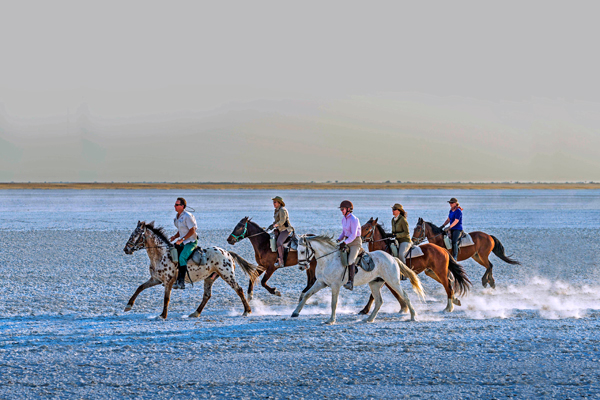 Group of riders galloping across the pan in Botswana