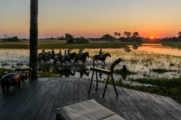 Group of riders in the sunset in the Okavango Delta 