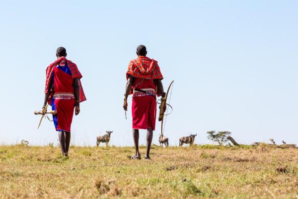 Two Masai in traditional red robes walk across short grasslands with three wildebeest on the horizon. Both men appear to be carrying bows and a quiver 